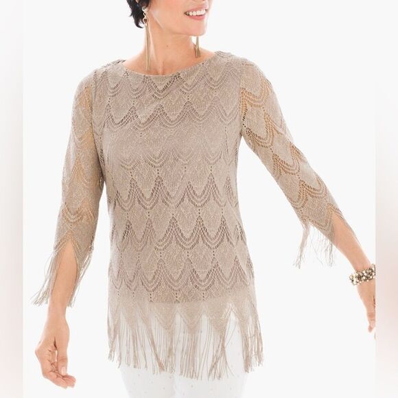 Chico's Tops - Chico’s Gold Metallic Scalloped Fringe Trim Dressy Top